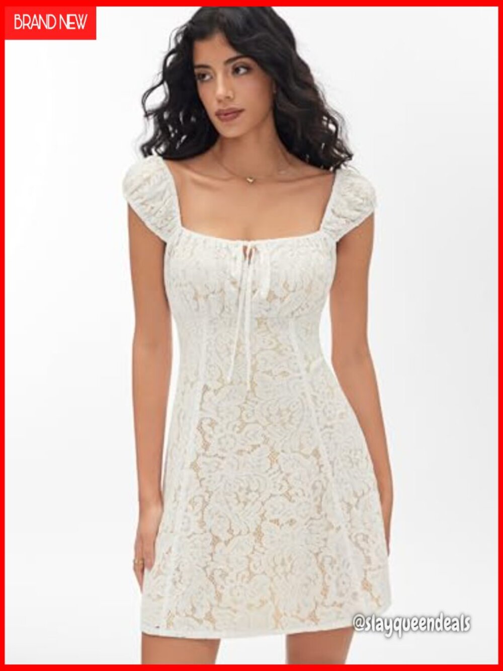 Lace Mini Dress Square Neck Short Puff Sleeve A Line Cocktail Party - Picture 3 of 6